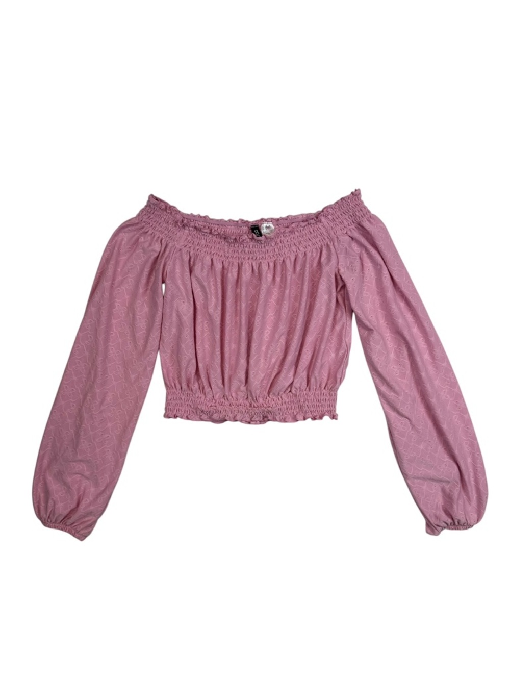 H&M DIVIDED Pink Eyelet Off Shoulder Crop Top Smocked Long Sleeve Size Small - Picture 2 of 6